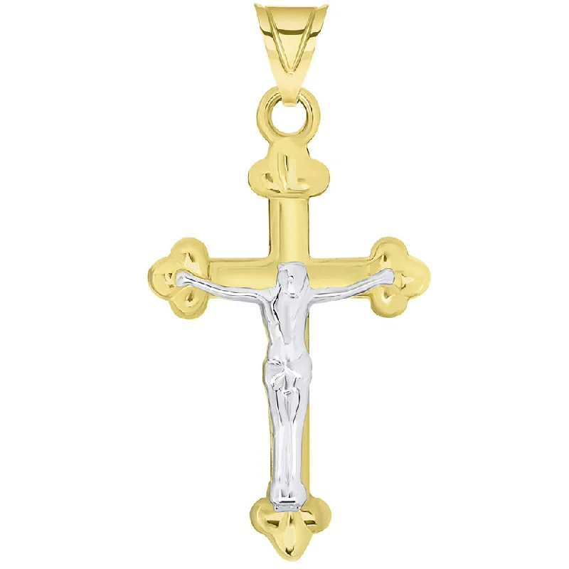 women designer necklaces -14k Solid Yellow Gold Christian Trefoil Cross Two Tone Crucifix Pendant