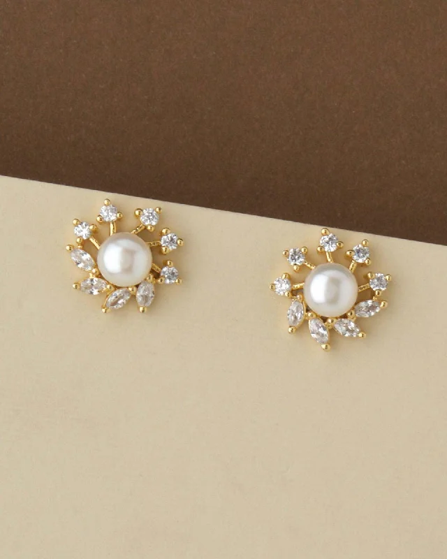 women long earrings -Floral Pearl & Stone Stud Earring