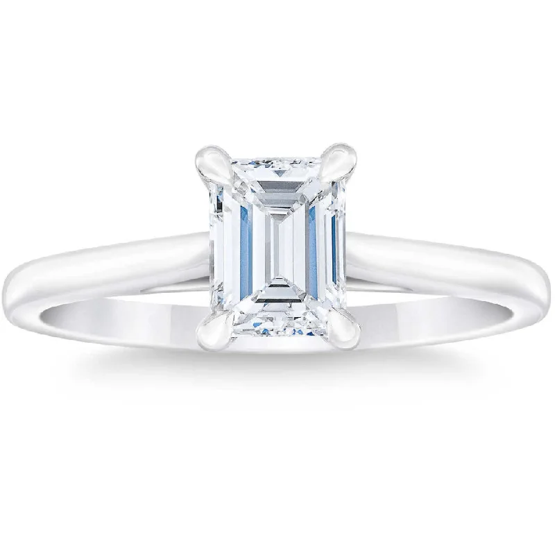 halo engagement rings -Platinum 1Ct Emerald Cut Diamond Solitaire Engagement Ring Lab Grown