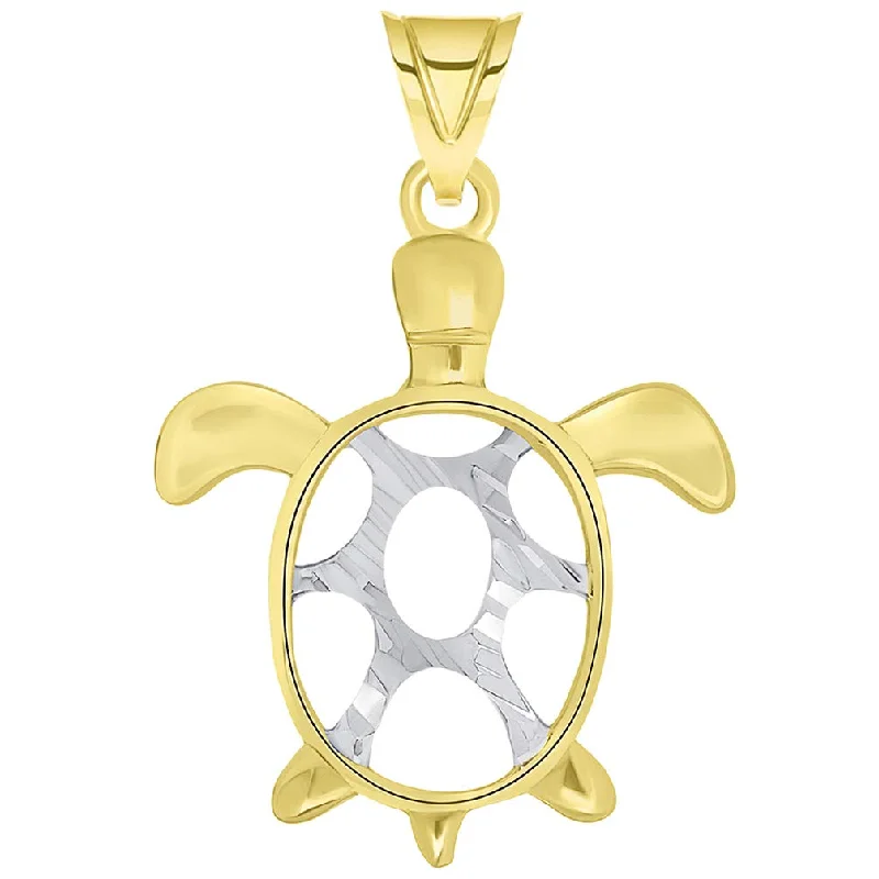 women boho necklaces -14k Yellow Gold Textured Two Tone Open Shell Sea Turtle Good Luck Pendant For Women