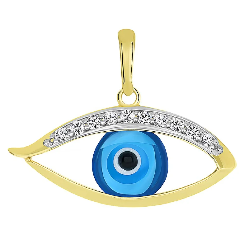 women long necklaces -14K Yellow Gold Elegant Blue Open Evil Eye Charm Pendant with Cubic Zirconia Stones