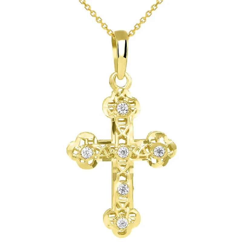 women golden flower necklaces -Textured 14K Yellow Gold Filigree Eastern Orthodox CZ Cross Charm Pendant Necklace