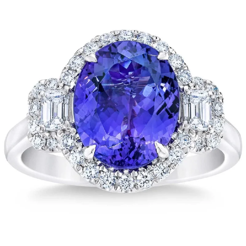 cushion cut halo engagement rings -5Ct Oval Simulated Tanzanite Moissanite & Lab Grown Diamond Ring 10k White Gold