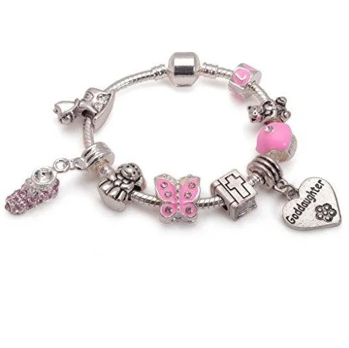 Baby Girl's Christening/Baptism 'Little Angel Goddaughter' Silver Plated Charm Bead Bracelet