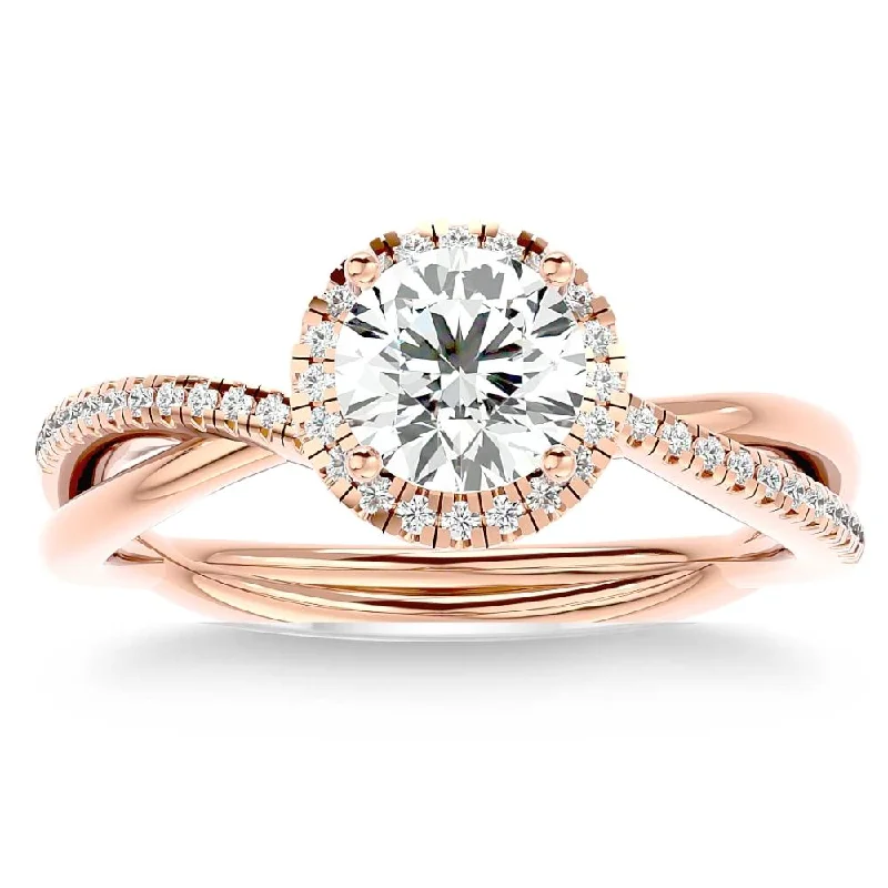 stackable wedding and engagement rings -1 1/5Ct TW Moissanite & Diamond Halo Crossover Engagement in Ring 10k Gold