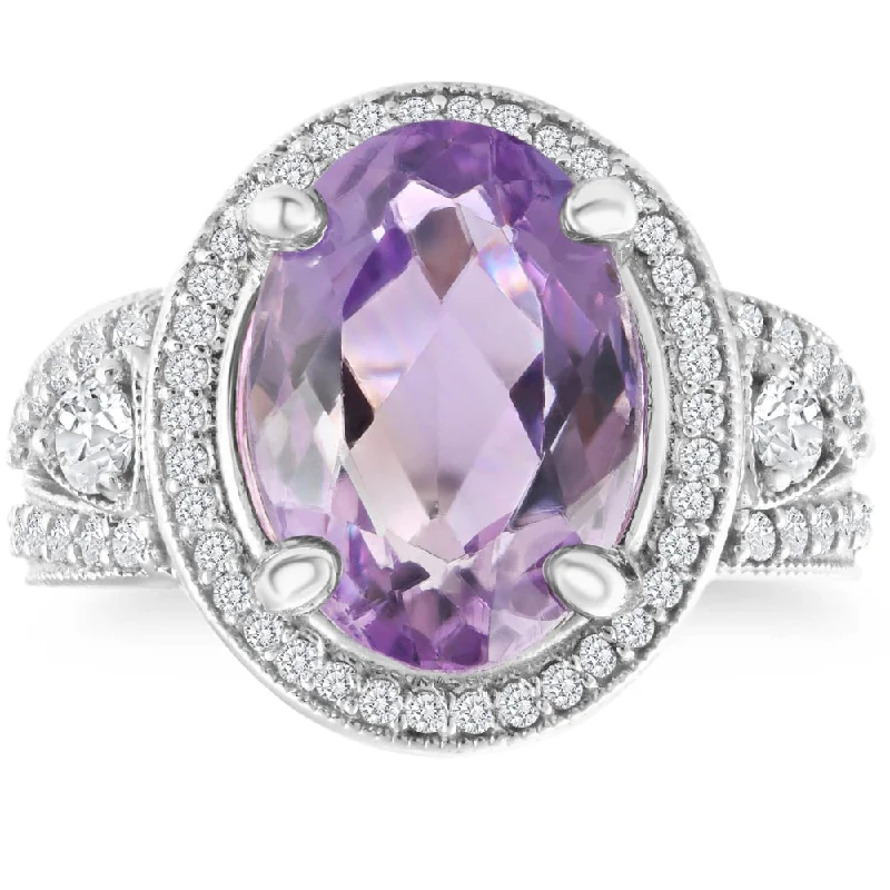 classic white gold engagement rings -9 1/2ct Oval Amethyst Vintage Halo Diamond Ring 14k White Gold