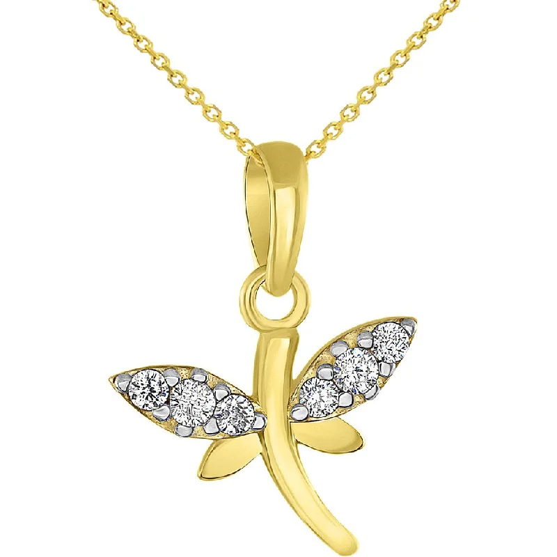 women friendship necklaces -Solid 14K Yellow Gold Dainty Cubic Zirconia Studded Dragonfly Charm Pendant Necklace