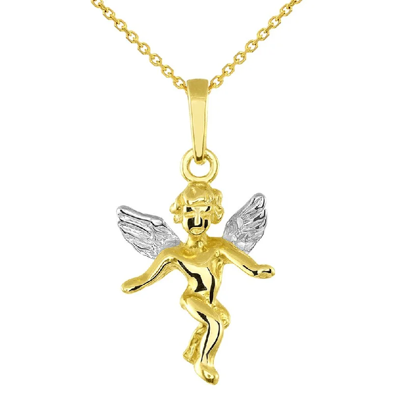 women crystal necklaces -Solid 14k Yellow Gold 3D Small Angel with Open Arms Charm Pendant with Chain Necklace