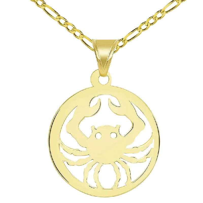 women gemstone necklaces -Solid 14k Yellow Gold Dainty Round Cancer Zodiac Sign Crab Disc Pendant with Figaro Chain Necklace