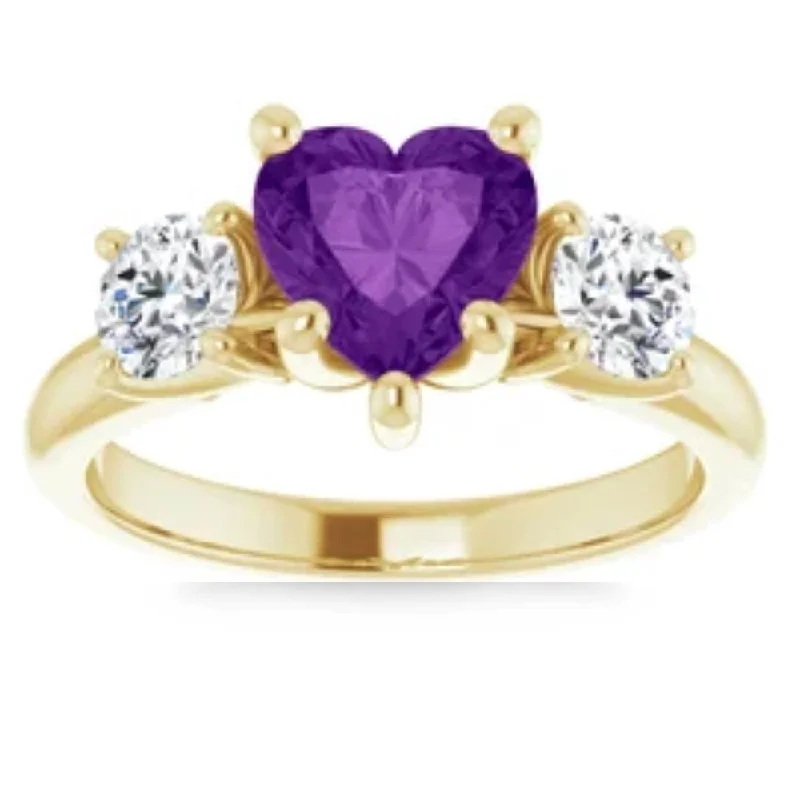 floral engagement rings -7mm Amethyst Three-Stone Diamond Heart Shape Ring in 14k White or Yellow Gold