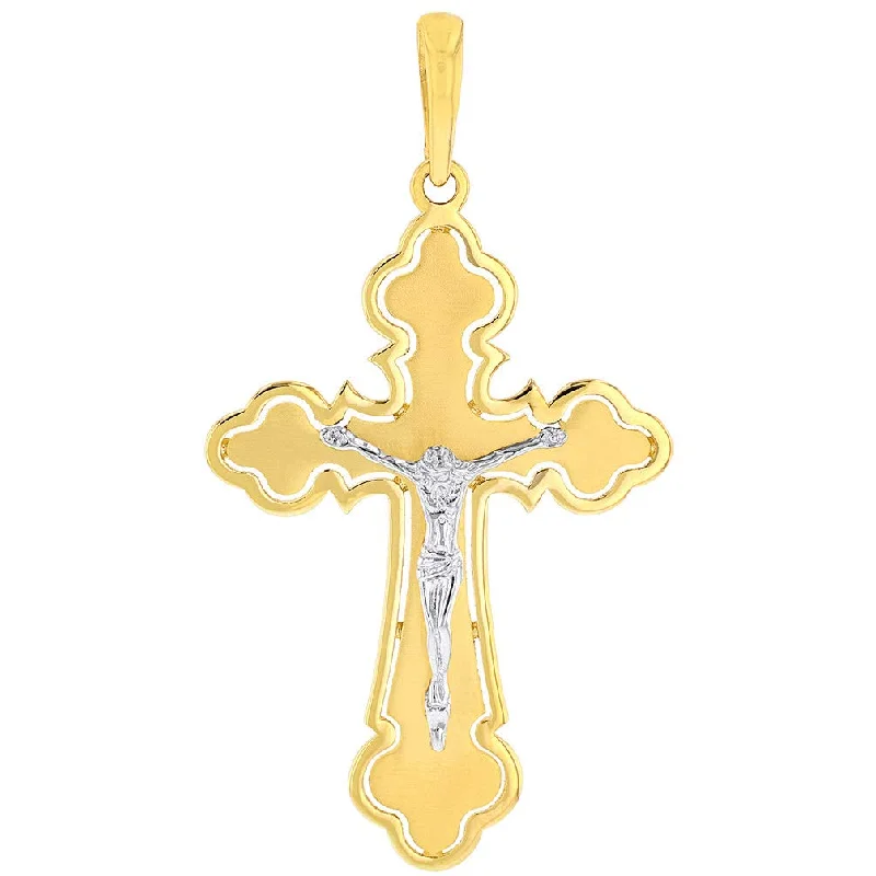 women custom necklaces -14k Two Tone Gold Open Outline Cross Eastern Orthodox Crucifix Pendant