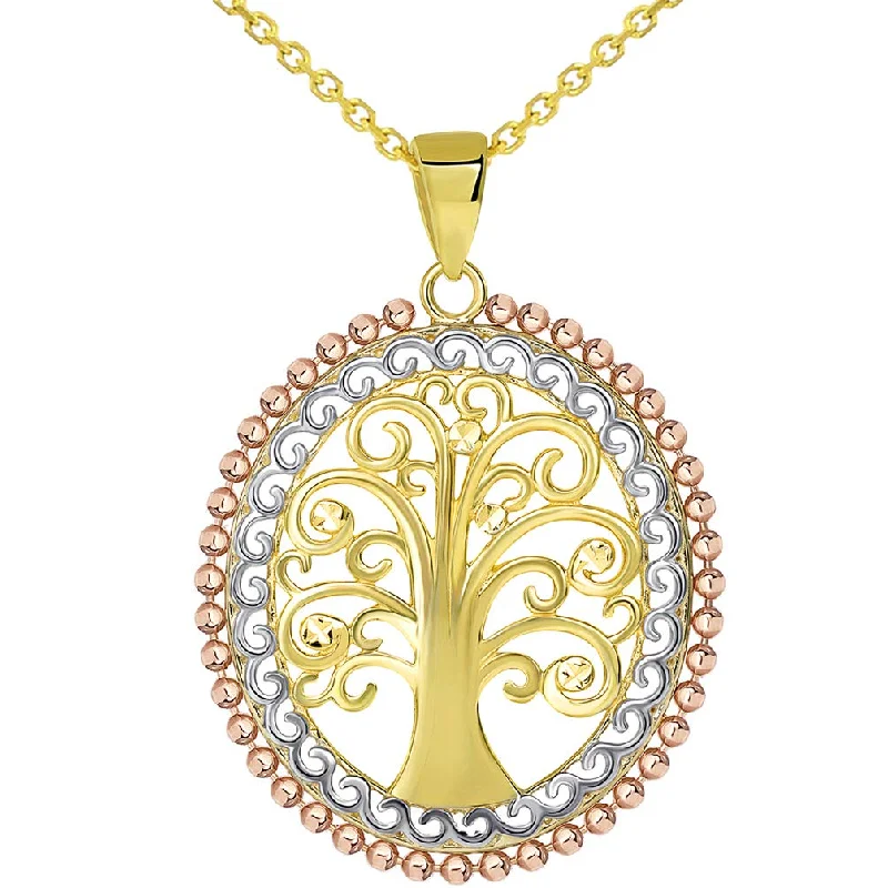 women wedding jewelry necklaces -14k Yellow Gold & Rose Gold Oval Beaded Tree of Life Pendant Available with Rolo, Curb, or Figaro Chain Necklaces