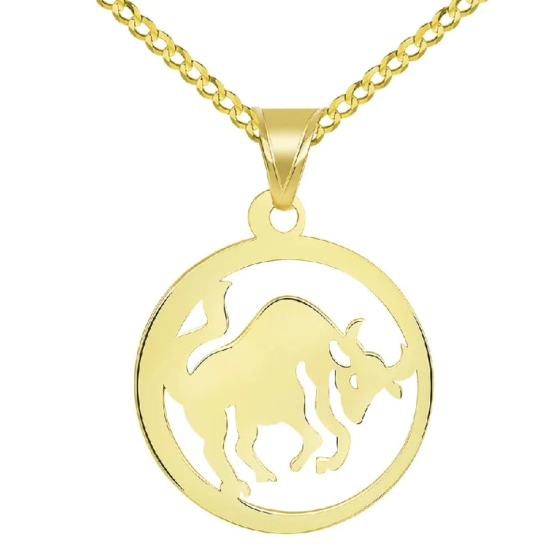 women thick chain necklaces -Solid 14k Yellow Gold Round Taurus Zodiac Sign Bull Disc Pendant with Cuban Chain Necklace