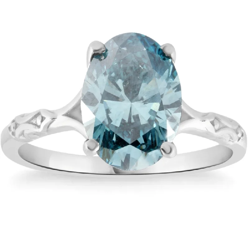 simple engagement rings -2Ct Oval Blue Diamond Solitaire Engagement Ring 14k White Gold Lab Grown