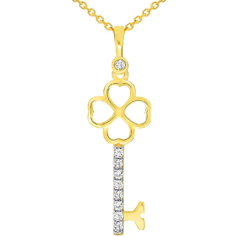 women rose gold necklaces -14k Yellow Gold Cubic Zirconia Four Leaf Clover Love Key To My Heart Pendant Necklace Available with Cable, Curb, or Figaro Chain