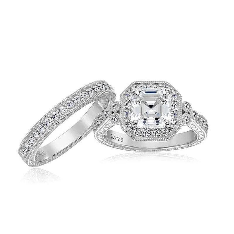 halo diamond engagement rings -2Pcs Princess Cut Created Diamond Engagement Ring Set