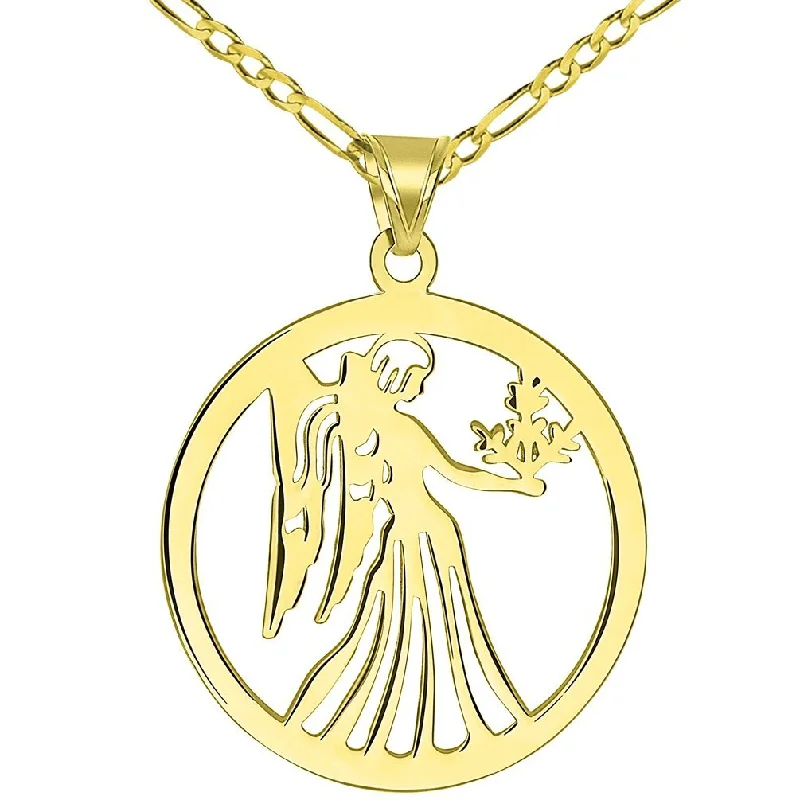 women pearl drop necklaces -Solid 14k Yellow Gold Round Virgo Holding Wheat Zodiac Sign Cut-Out Disc Pendant with Figaro Chain Necklace