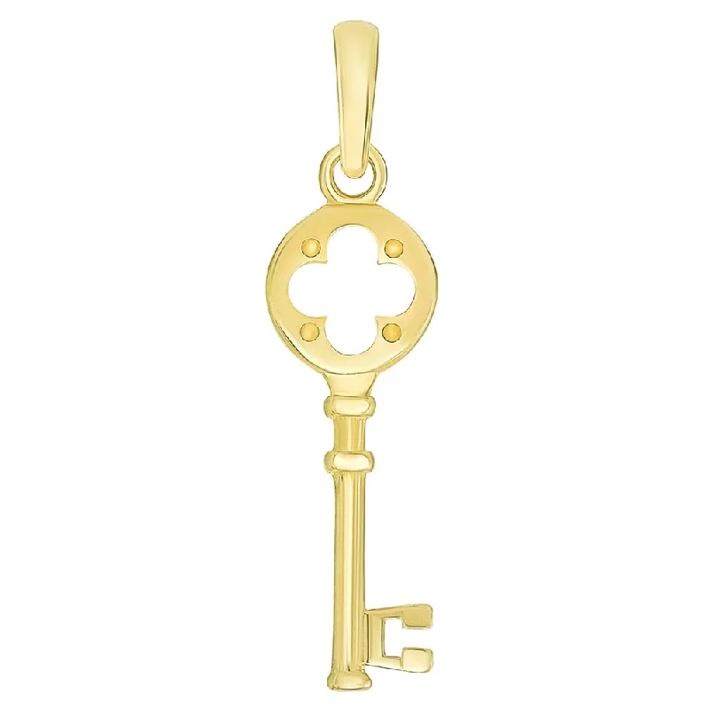 women wedding jewelry necklaces -Solid 14K Yellow Gold Round Four Leaf Clover Love Key Charm Good Luck Pendant