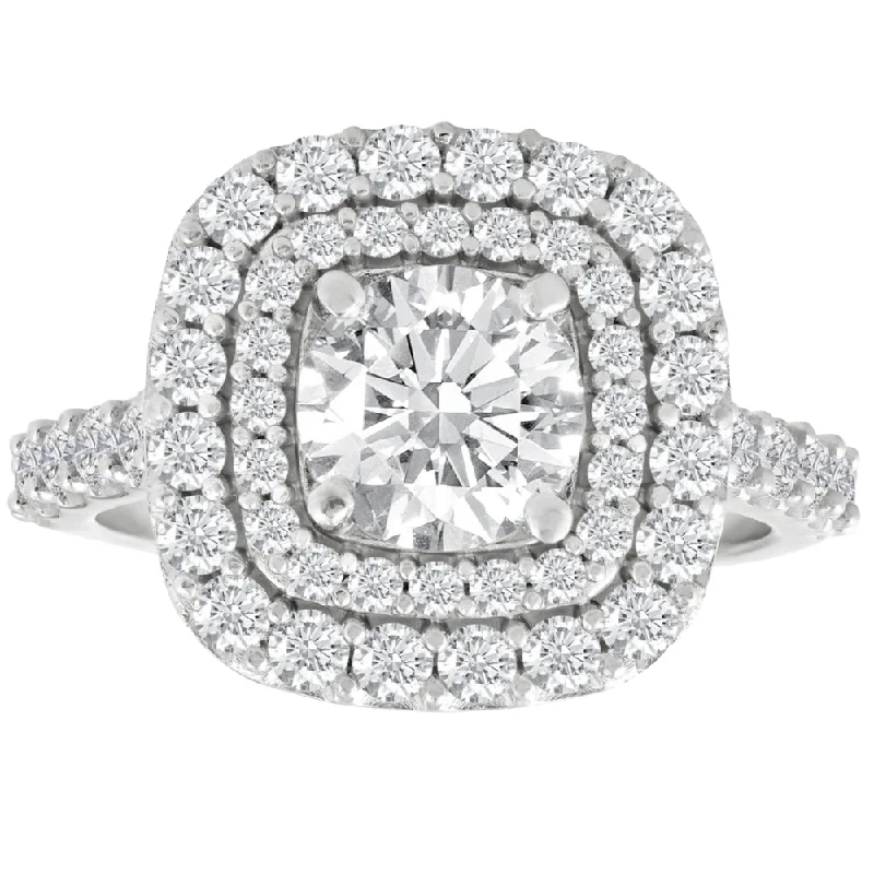 simple platinum engagement rings -2 Ct Diamond Double Cushion Halo Engagement Ring 14K White Gold