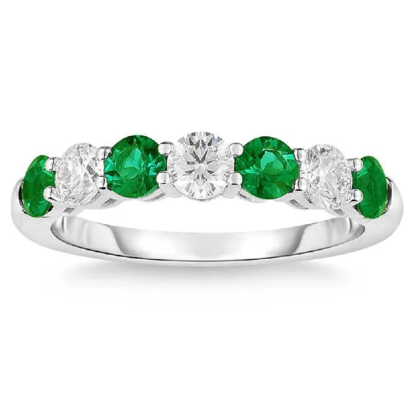 men custom engagement rings -1 1/2Ct TW Round Diamond & Created Emerald Wedding Anniversary Ring in 14k Gold