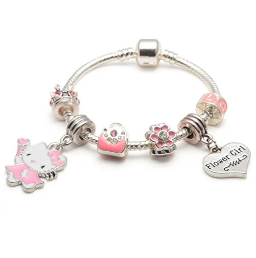 Children's Flower Girl 'Pink Kitty Cat Glamour' Silver Plated Charm Bead Bracelet