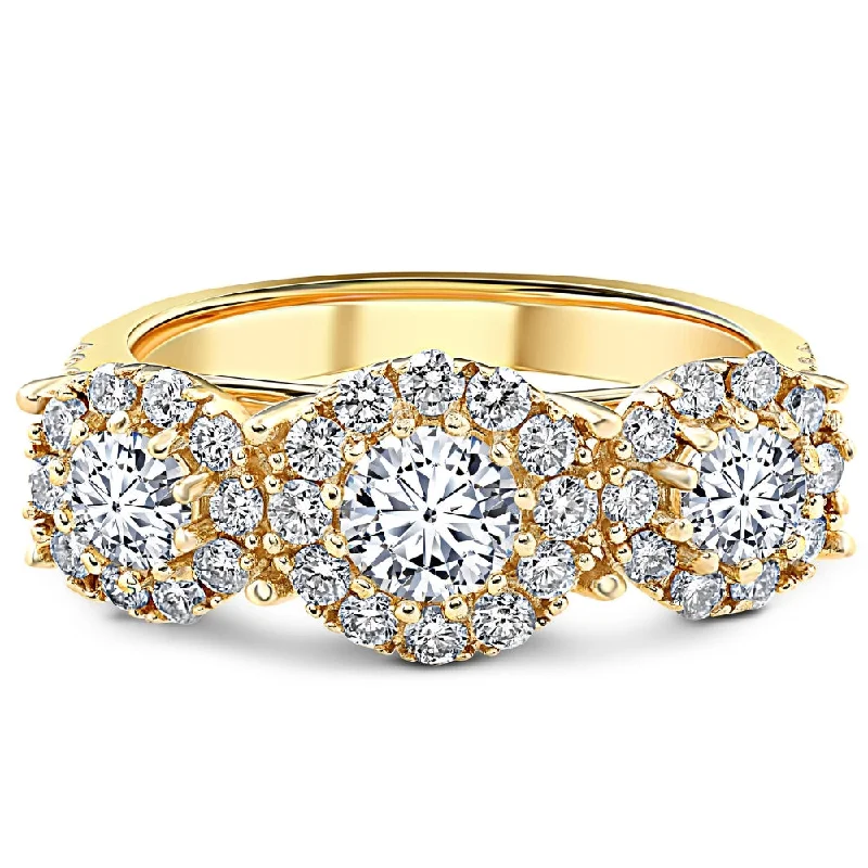 vintage-style engagement rings -1 3/8 Ct Diamond Three Stone Halo Pave Engagement Ring Yellow Gold