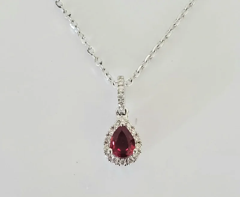 women gemstone pendant necklaces -14kt White Gold Pear Shaped Ruby and Diamond Pendant