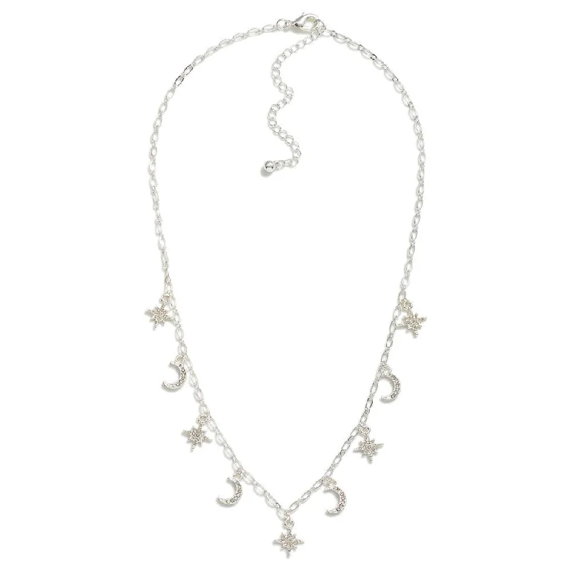 women thick chain necklaces -Rhinestone Moon & Stars Charm Chain Link Necklace - Silver