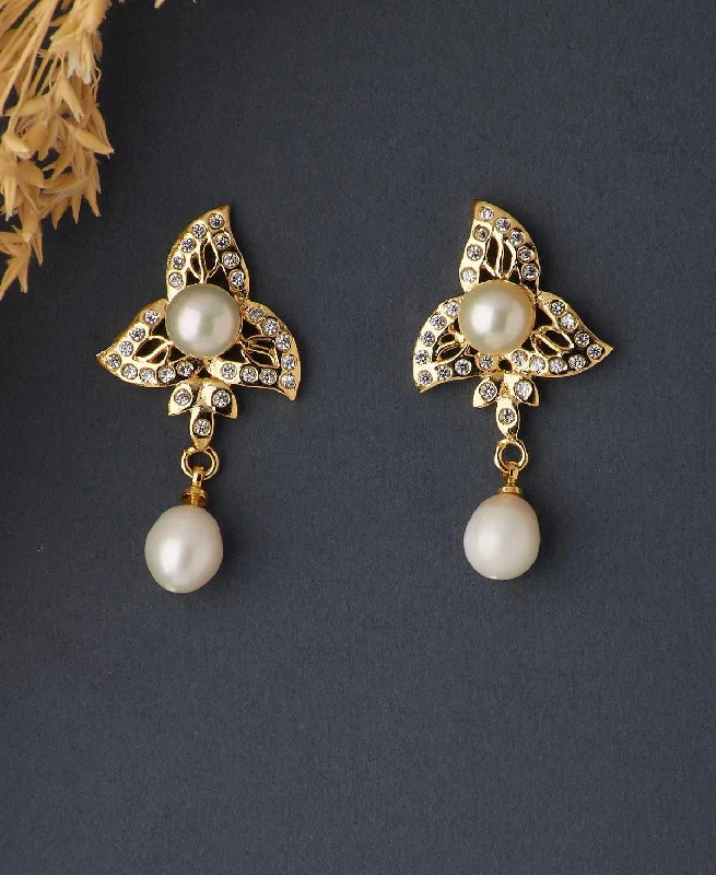 women infinity stud earrings -Floral White Pearl Hanging Earring