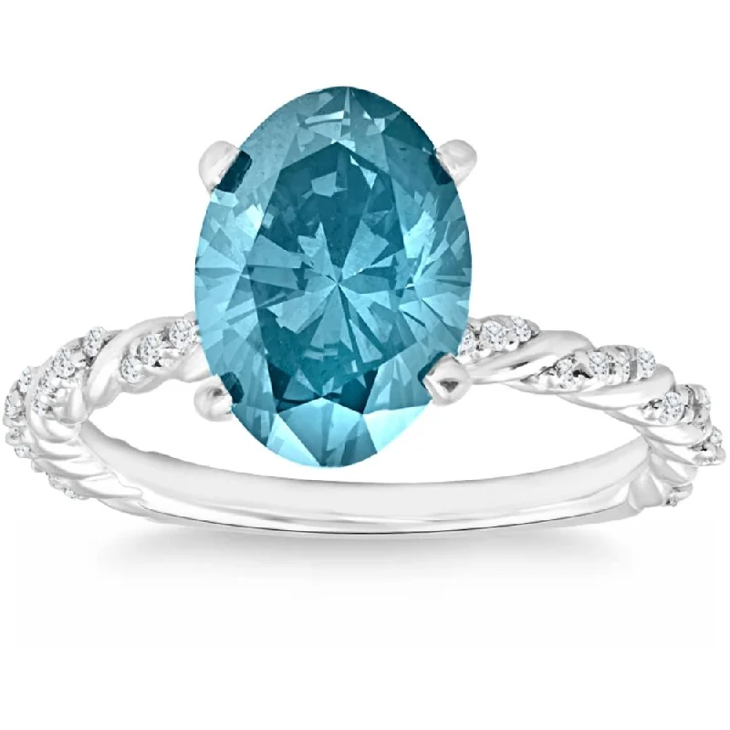 halo diamond engagement rings -3 1/10Cttw Oval Blue Diamond Engagement Ring 14k White Gold Lab Grown