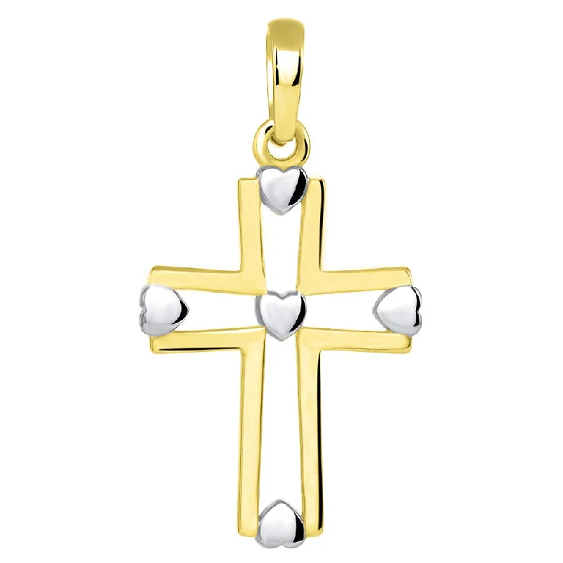 women long silver necklaces -14k Yellow Gold Two Tone Open Christian Cross Heart Pendant