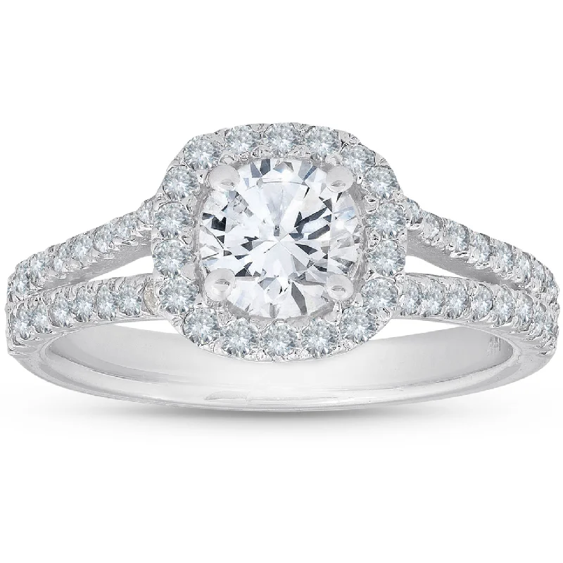 custom engagement rings with initials -1Ct Diamond Cushion Halo Moissanite Split Shank Engagement Ring 10k White Gold