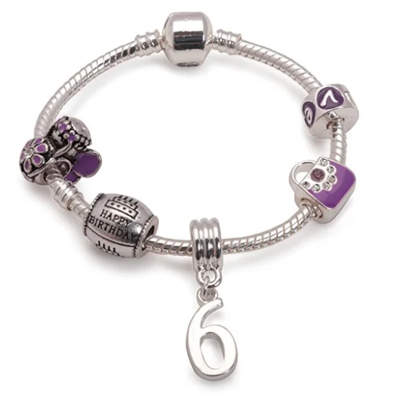 Children's Purple 'Happy 6th Birthday' Silver Plated Charm Bead Bracelet