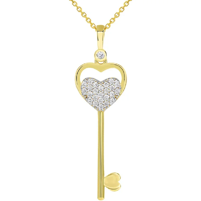 women bracelet and necklace sets -14K Yellow Gold Double CZ Heart Love Key Pendant Necklace