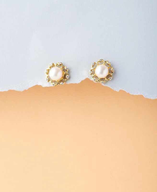 women gold earrings -Floral Pink Pearl Stud Earrings