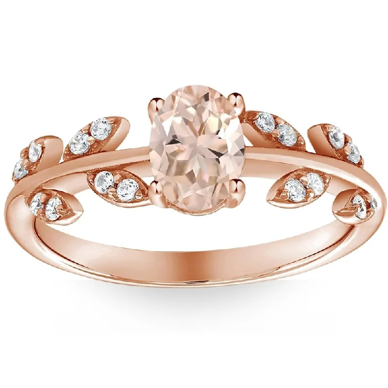 custom engagement rings with initials -1 Ct Oval Morganite & Diamond Vine Engagement Anniversary Ring in 14k Rose Gold