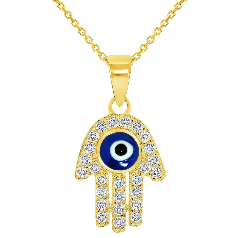 women long silver necklaces -Solid 14k Yellow Gold Mini Cubic-Zirconia Blue Evil Eye Hamsa Hand Pendant Available with Rolo Cable, Cuban Curb, or Figaro Chain Necklaces