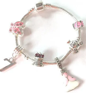 Pink Princess 7th Birthday Girls Gift - Silver Plated Charm Bracelet