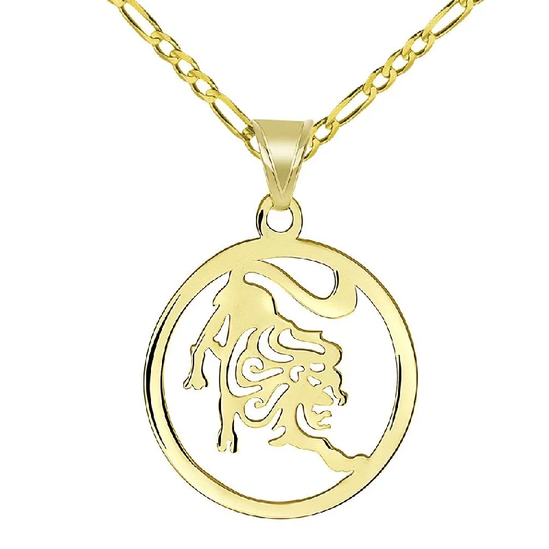 women vintage necklaces -Solid 14k Yellow Gold Dainty Round Leo Zodiac Symbol Cut-Out Lion Pendant with Figaro Chain Necklace