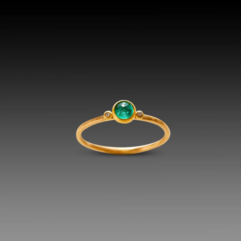 women gemstone rings -Delicate Emerald Ring with Two Diamonds