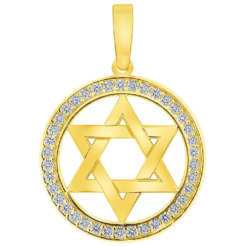 women butterfly necklaces -14k Yellow Gold Cubic Zirconia Round Shield of David Open Hebrew Star Pendant