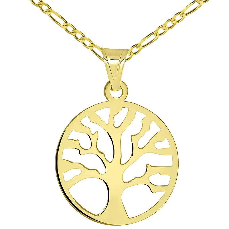 women charm necklaces -Solid 14k Yellow Gold Round Shaped Tree of Life Disc Pendant with Figaro Chain Necklace