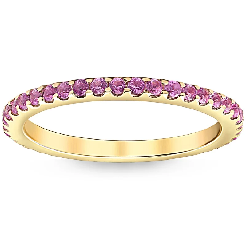 women solitaire engagement rings -3/4Ct Pink Sapphire Stackable Ring Wedding Band 10k Yellow Gold