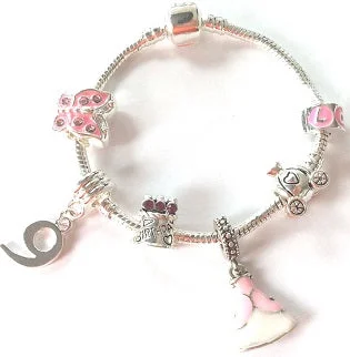 Pink Princess 9th Birthday Girls Gift - Silver Plated Charm Bracelet