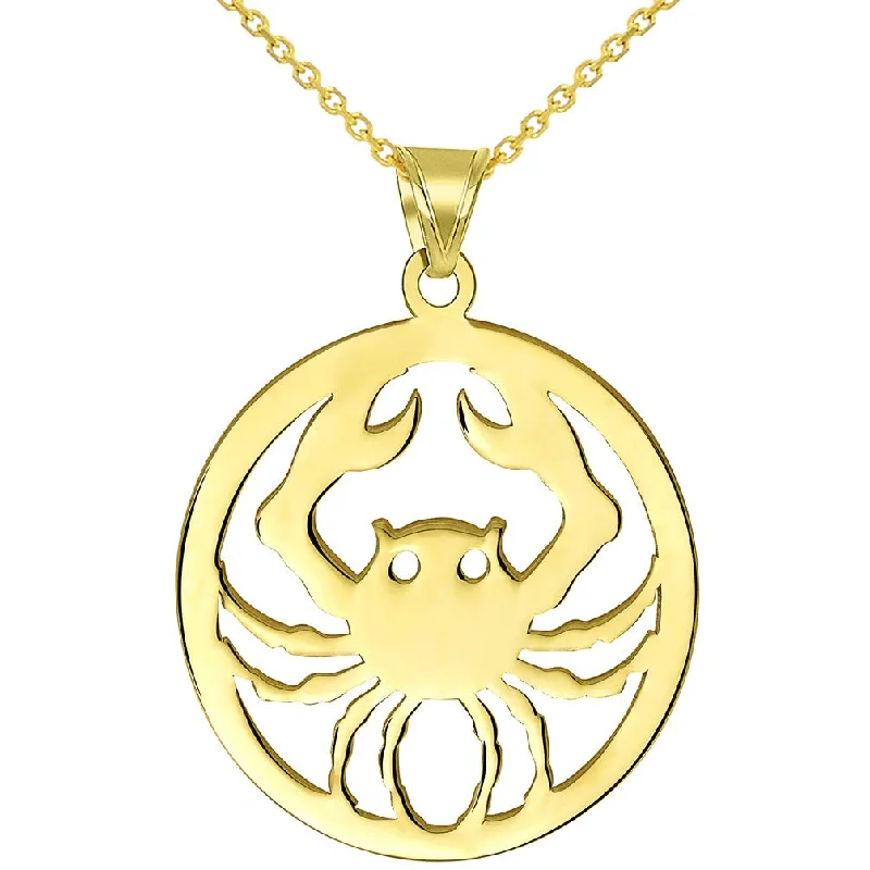 women statement silver necklaces -Solid 14k Yellow Gold Round Cancer Zodiac Sign Crab Disc Pendant Necklace