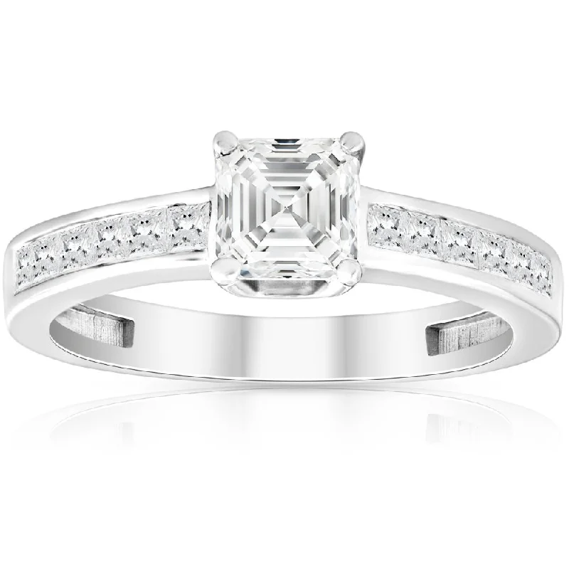 contemporary moissanite engagement rings -1Ct Asscher Cut Moissanite & Princess Cut Diamond Engagement Ring 14k White Gold