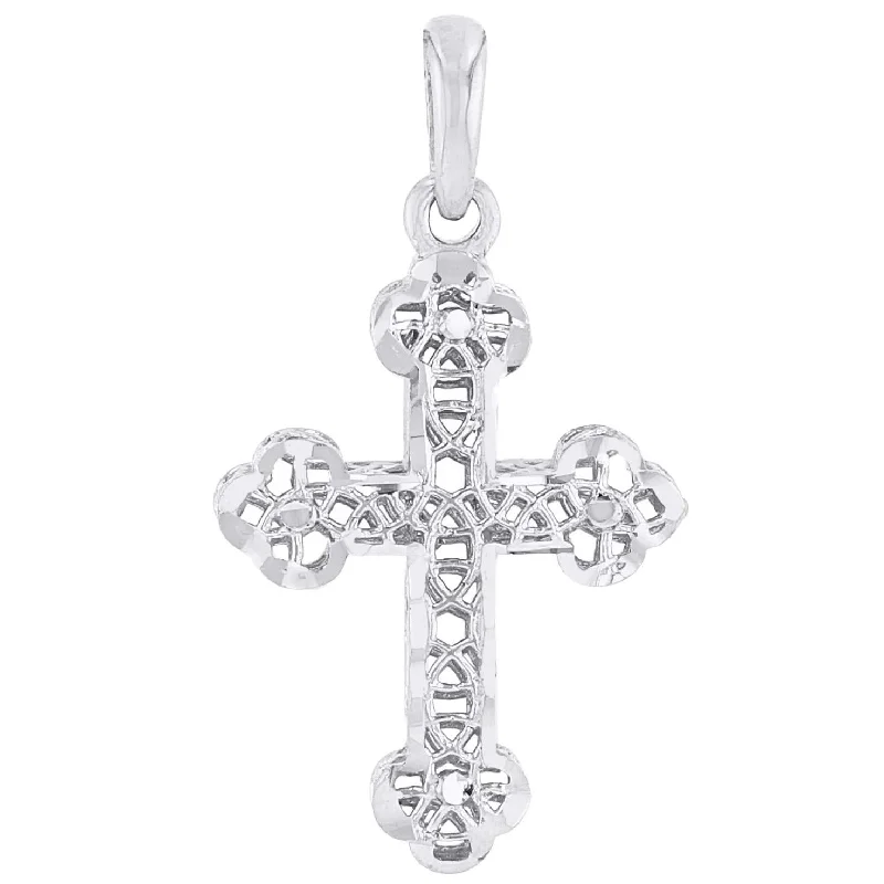 women crystal pendant necklaces -14k White Gold Textured Filigree Christian Orthodox Cross Charm Pendant