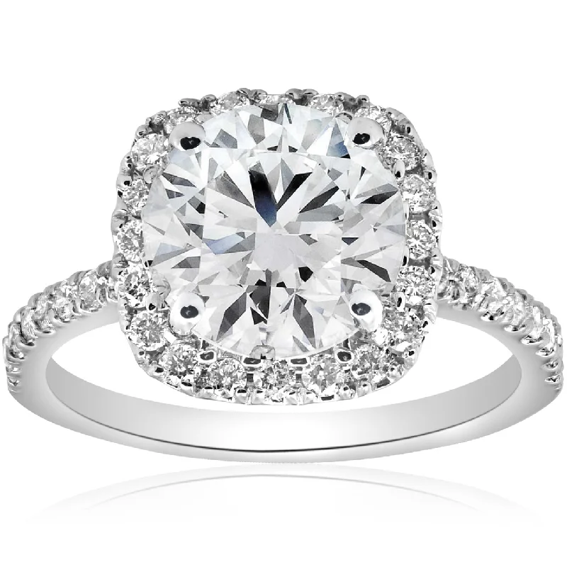 multi-stone engagement rings -3 1/2Ct Diamond Cushion Halo Engagement Ring 14k White Gold Lab Grown