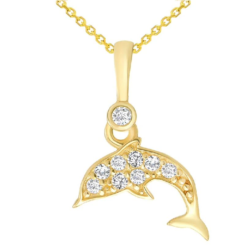 women long chain necklaces -Solid 14K Yellow Gold Cubic Zirconia Studded Dainty Dolphin Charm Sea Life Pendant with Chain Necklace