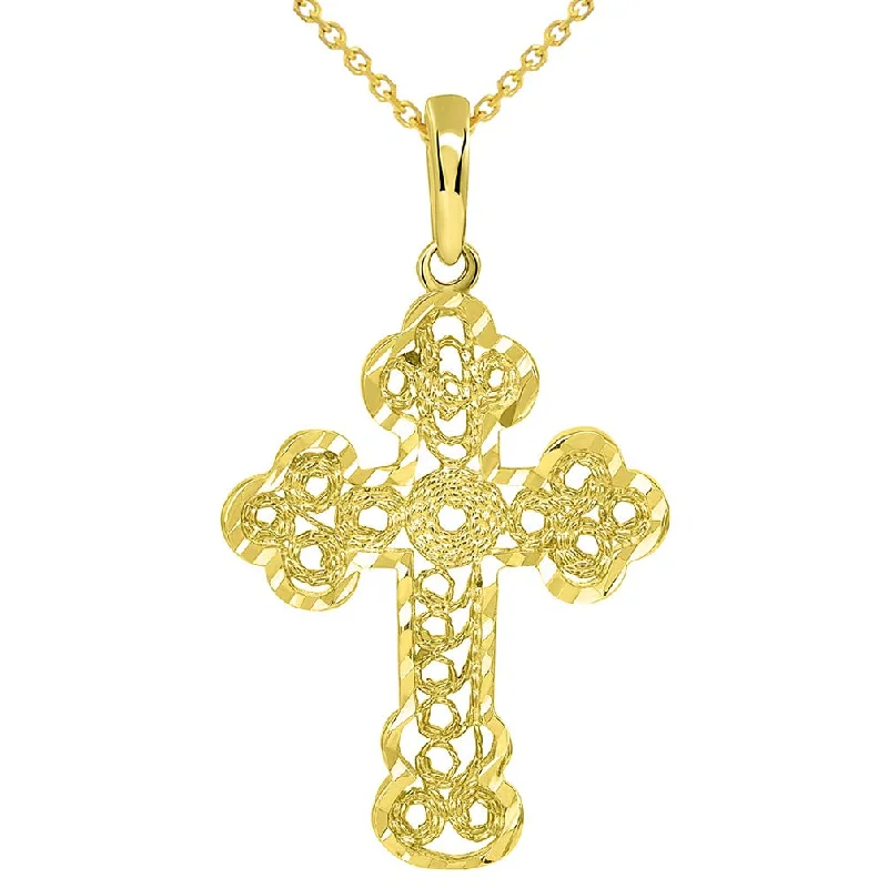 women pearl necklaces -Solid 14k Yellow Gold Filigree Eastern Orthodox Cross Pendant Necklace